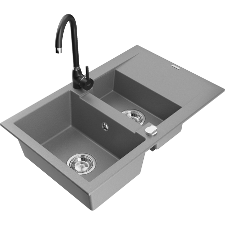 Mexen Gaspar évier en granit 1,5 bac avec égouttoir et robinet de cuisine Telma, gris - 6507-71-670200-70