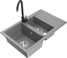 Mexen Gaspar évier en granit 1,5 bac avec égouttoir et robinet de cuisine Telma, gris - 6507-71-670200-70