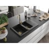 Mexen Gaspar évier en granit 1,5 bac avec égouttoir et robinet de cuisine Telma, noir/argent - 6507-73-670200-50