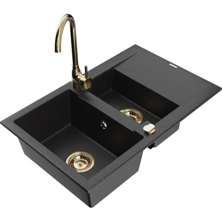 Mexen Gaspar évier en granit 1,5 cuves avec égouttoir et robinet de cuisine Telma, noir/argent - 6507-73-670200-50