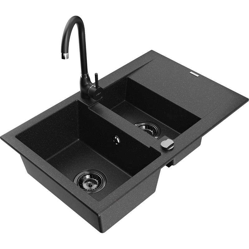 Mexen Gaspar évier en granit 1,5 bac avec égouttoir et robinet de cuisine Telma, noir/argent - 6507-73-670200-70-B
