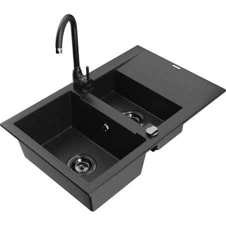 Mexen Gaspar évier en granit 1,5 bac avec égouttoir et mitigeur Telma, noir/argent - 6507-73-670200-70-B