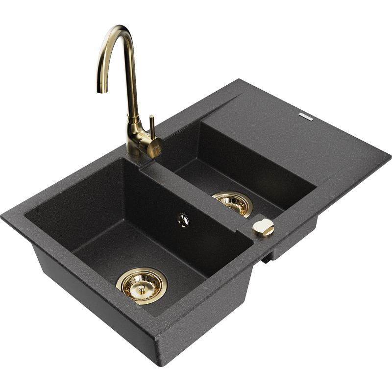Mexen Gaspar évier en granit 1,5-bassins avec égouttoir et mitigeur de cuisine Telma, noir moucheté - 6507-76-670200-50