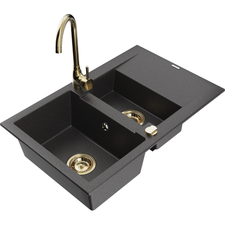 Mexen Gaspar évier en granit 1,5-bassins avec égouttoir et mitigeur de cuisine Telma, noir moucheté - 6507-76-670200-50