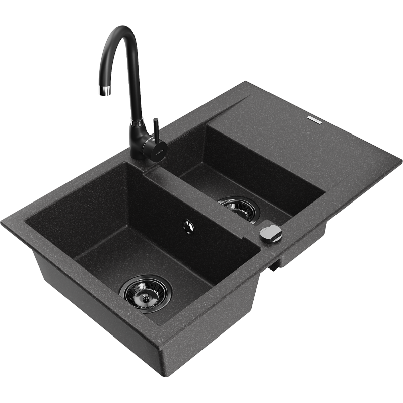 Mexen Gaspar évier en granit 1,5 cuves avec égouttoir et robinet de cuisine Telma, noir moucheté - 6507-76-670200-70-B