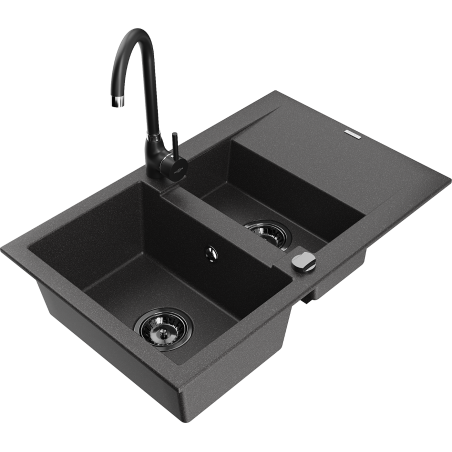 Mexen Gaspar évier en granit 1,5 cuves avec égouttoir et robinet de cuisine Telma, noir moucheté - 6507-76-670200-70-B