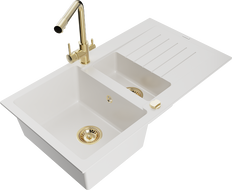 Mexen Matias évier en granit 1,5-bassin avec égouttoir et robinet de cuisine Duero, blanc - 6502-20-671600-50