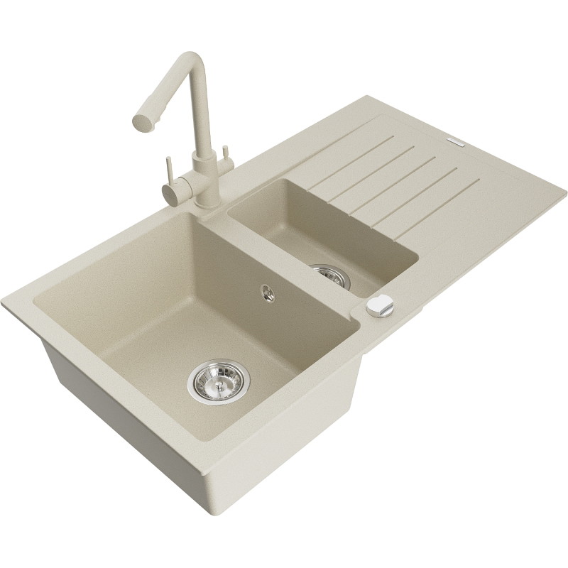 Mexen Matias Évier en granit 1,5 cuves avec égouttoir et robinet de cuisine Duero, beige - 6502-69-671600-69