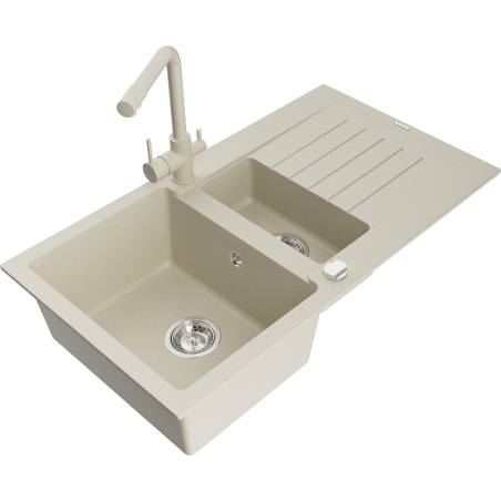 Mexen Matias Évier en granit 1,5 cuves avec égouttoir et robinet de cuisine Duero, beige - 6502-69-671600-69