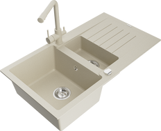 Mexen Matias évier en granit 1,5 bac avec égouttoir et robinet de cuisine Duero, beige - 6502-69-671600-69