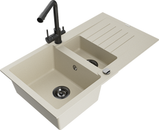 Mexen Matias évier en granit 1,5 bac avec égouttoir et robinet de cuisine Duero, beige - 6502-69-671600-70