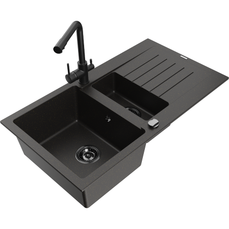 Mexen Matias évier en granit 1,5 bac avec égouttoir et robinet de cuisine Duero, noir/or - 6502-75-671600-70-B