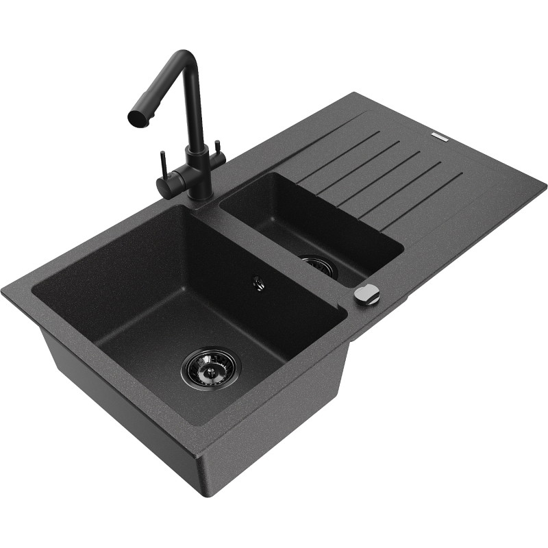Mexen Matias Évier en granit à 1,5 bac avec égouttoir et robinet de cuisine Duero, noir moucheté - 6502-76-671600-70-B