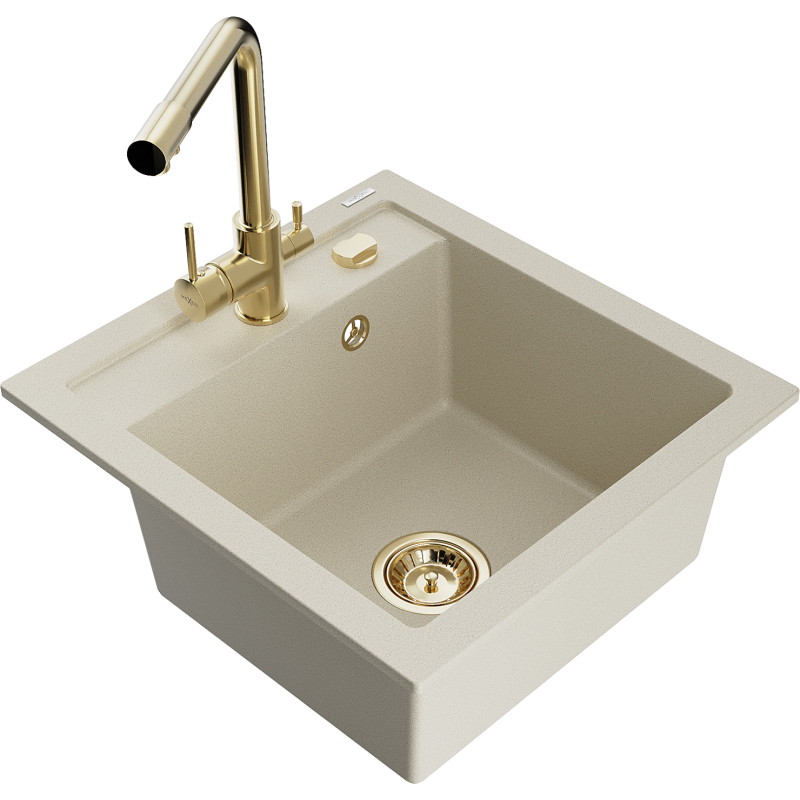 Mexen Vito évier en granit à 1 bac avec robinet de cuisine Duero, beige - 6503-69-671600-50