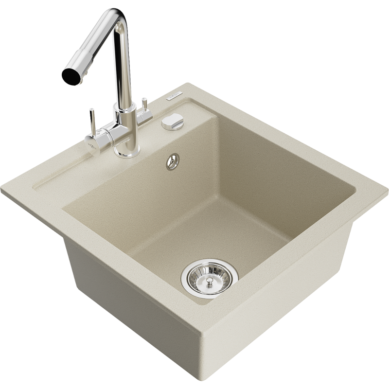 Mexen Vito évier de cuisine en granit 1-bassin avec robinet de cuisine Duero, beige - 6503-69-671600-00
