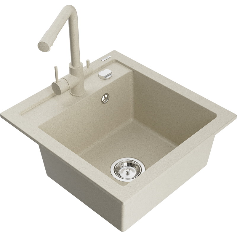 Mexen Vito évier en granit 1 bac avec robinet de cuisine Duero, beige - 6503-69-671600-69