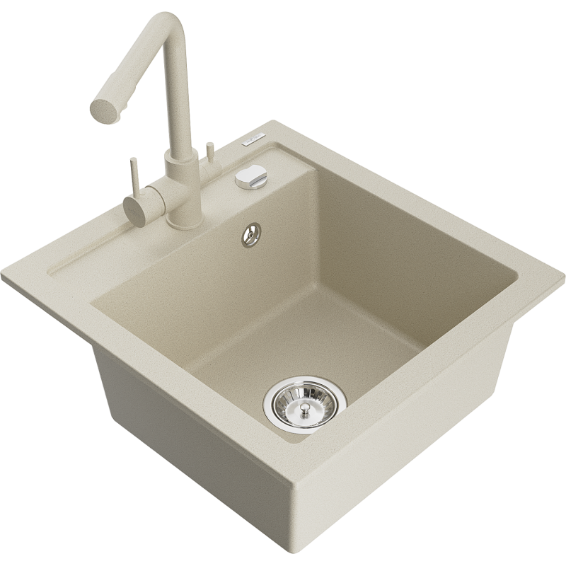 Mexen Vito évier en granit à 1 bac avec robinet de cuisine Duero, beige - 6503-69-671600-69