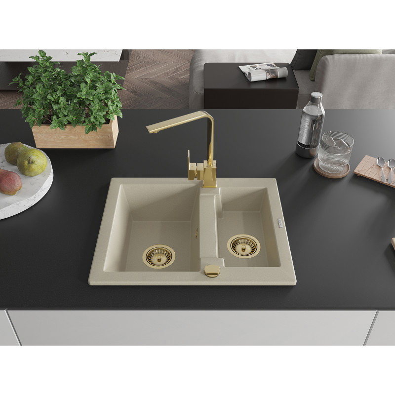 Mexen Carlos évier en granit 1,5-bacs avec robinet de cuisine Rita, beige - 6518-69-670300-50