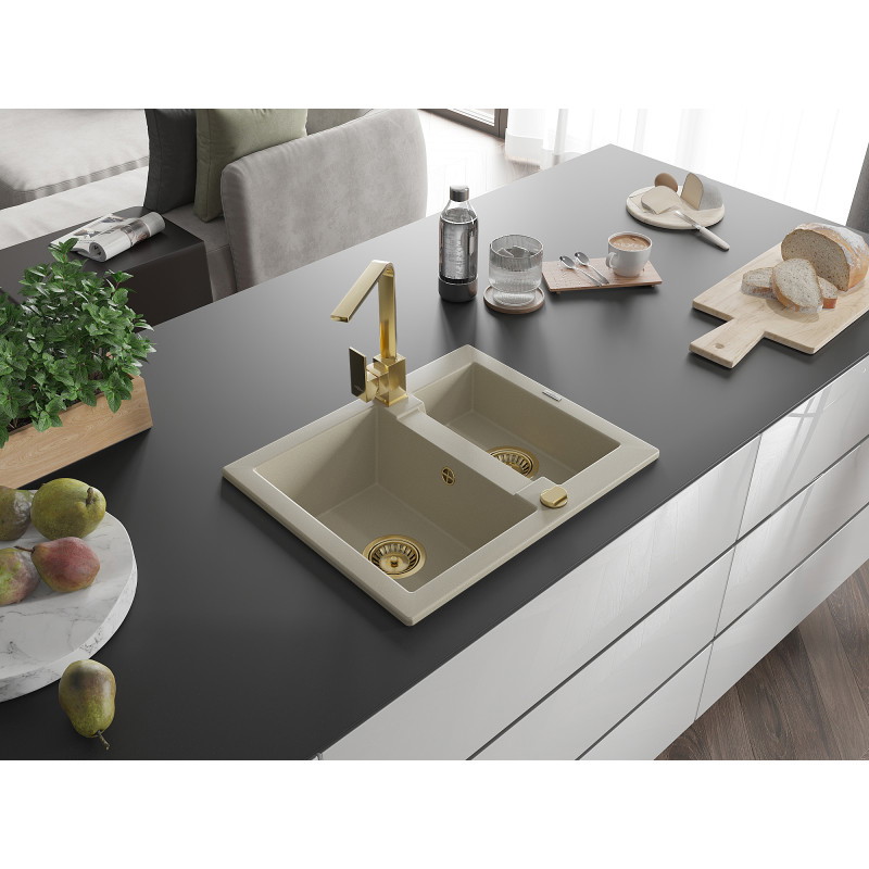 Mexen Carlos évier en granit 1,5-bacs avec robinet de cuisine Rita, beige - 6518-69-670300-50