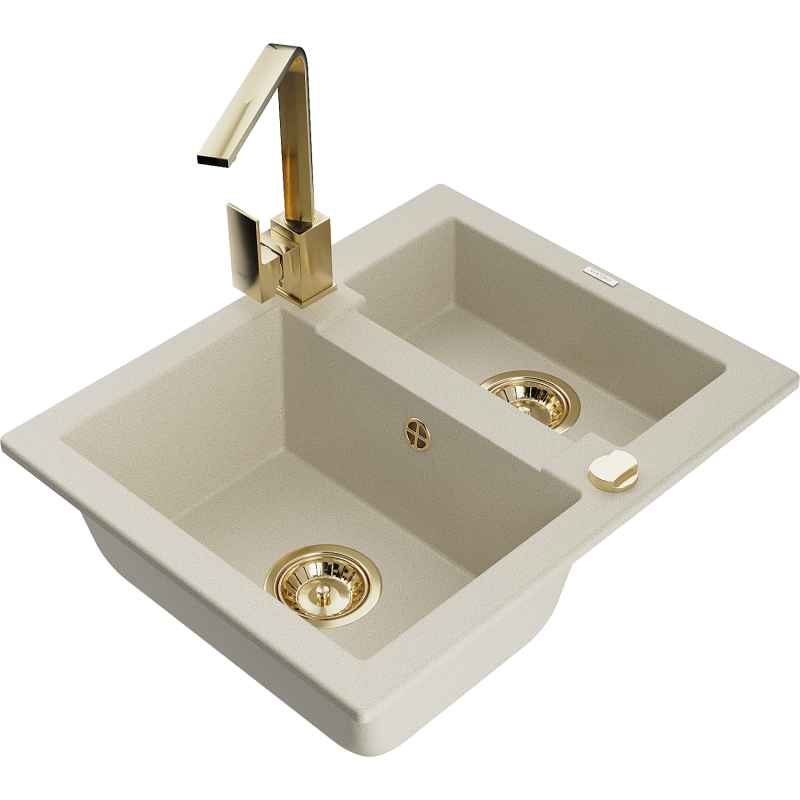 Mexen Carlos évier en granit 1,5-bacs avec robinet de cuisine Rita, beige - 6518-69-670300-50