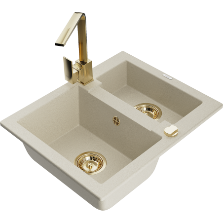 Mexen Carlos évier en granit 1,5-bacs avec robinet de cuisine Rita, beige - 6518-69-670300-50
