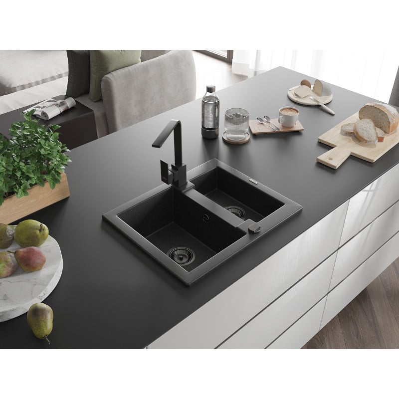 Mexen Carlos évier en granit 1,5 cuves avec robinet de cuisine Rita, noir/métallisé argent - 6518-73-670300-70-B