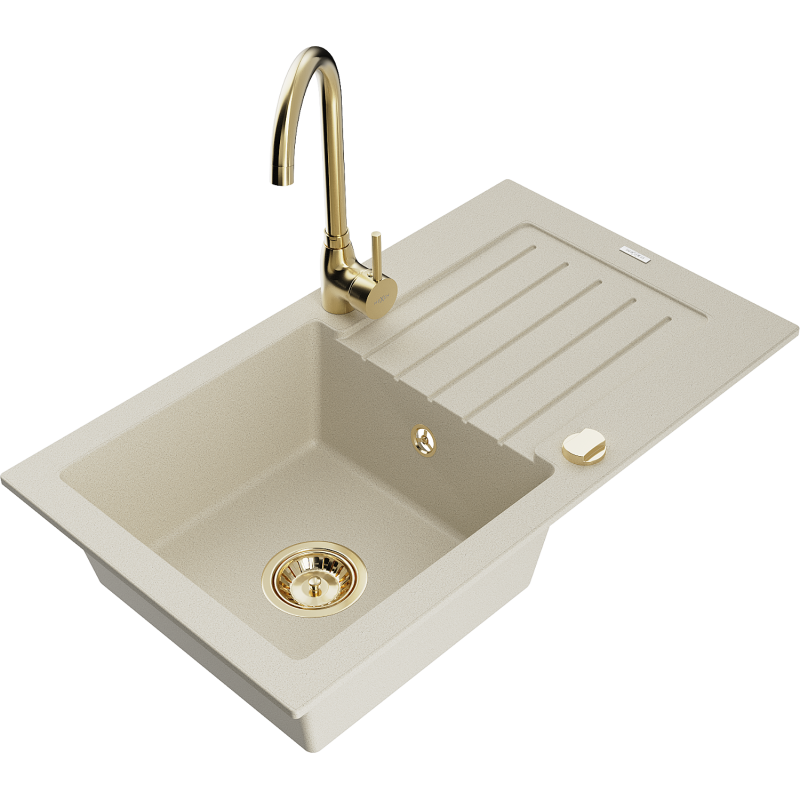 Mexen Pablo évier en granit 1 bac avec égouttoir et mitigeur Telma, beige - 6510-69-670200-50