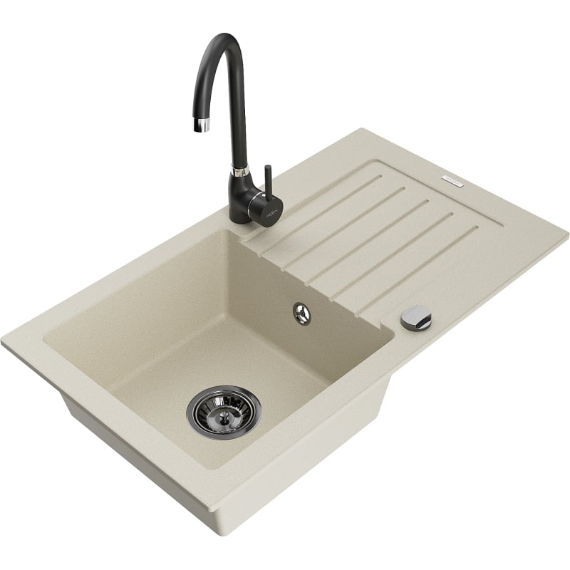 Mexen Pablo évier en granit 1 cuve avec égouttoir et robinet de cuisine Telma, beige - 6510-69-670200-70