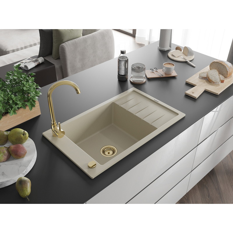Mexen Elias évier en granit 1 cuve avec égouttoir et robinet de cuisine Telma, beige - 6511-69-670200-50