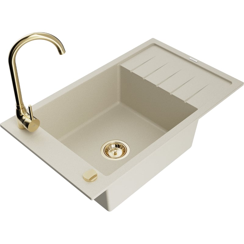 Mexen Elias évier en granit 1 cuve avec égouttoir et robinet de cuisine Telma, beige - 6511-69-670200-50