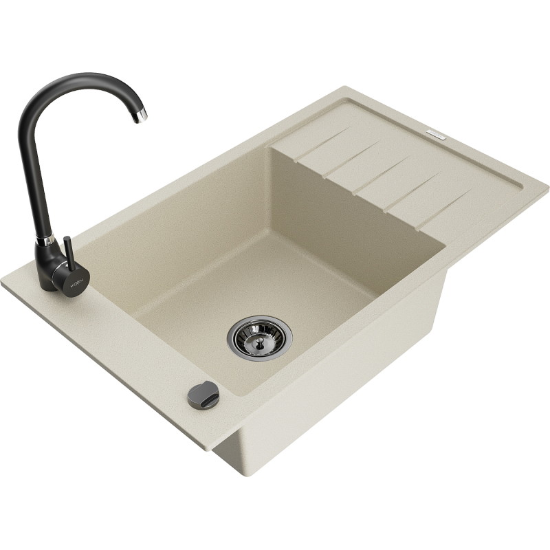 Mexen Elias Évier de cuisine en granit 1-bassin avec égouttoir et robinet Telma, beige - 6511-69-670200-70