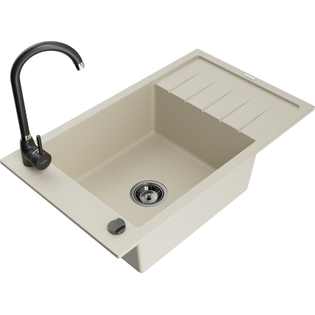 Mexen Elias évier en granit 1 cuve avec égouttoir et robinet de cuisine Telma, beige - 6511-69-670200-70