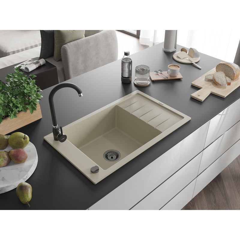 Mexen Elias évier en granit 1 cuve avec égouttoir et robinet de cuisine Telma, beige - 6511-69-670200-70