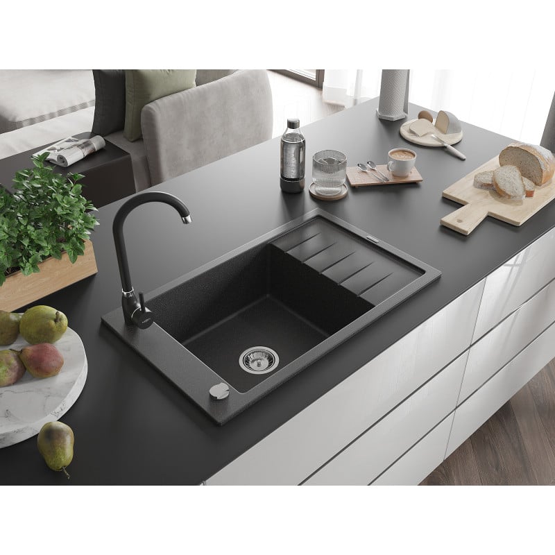 Mexen Elias évier de cuisine en granit 1 bac avec égouttoir et robinet de cuisine Telma, noir moucheté - 6511-76-670200-70