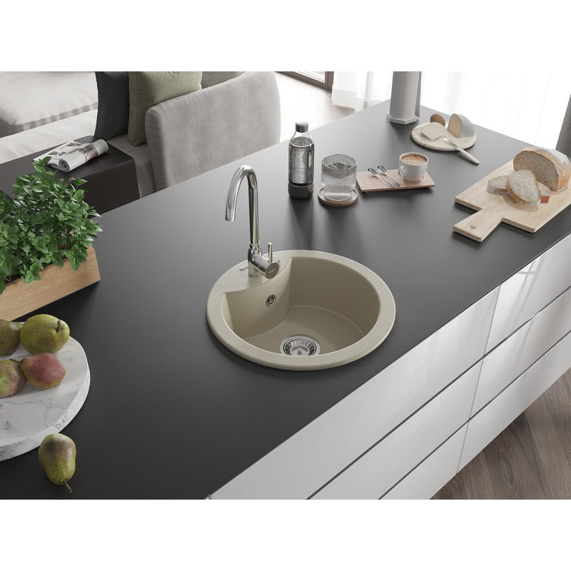 Mexen Diego évier en granit 1 bac avec robinet de cuisine Telma, beige - 6512-69-670200-00