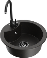 Mexen Diego évier en granit 1 bac avec robinet de cuisine Telma, noir/doré - 6512-75-670200-70-B