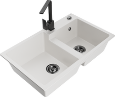 Mexen Tomas évier en granit 2 bacs avec robinet de cuisine Rita, blanc - 6516-20-670300-70