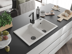 Mexen Tomas évier en granit 2 bacs avec robinet de cuisine Rita, blanc - 6516-20-670300-70