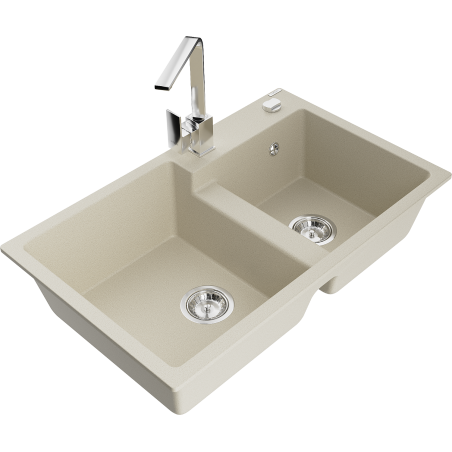 Mexen Tomas évier en granit 2 bacs avec robinet de cuisine Rita, beige - 6516-69-670300-00