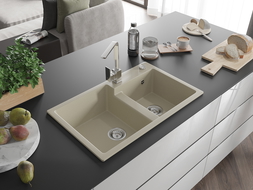 Mexen Tomas évier en granit 2 bacs avec robinet de cuisine Rita, beige - 6516-69-670300-00
