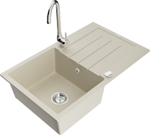 Mexen Bruno évier en granit 1 bac avec égouttoir et robinet de cuisine Telma, beige - 6513-69-670200-00