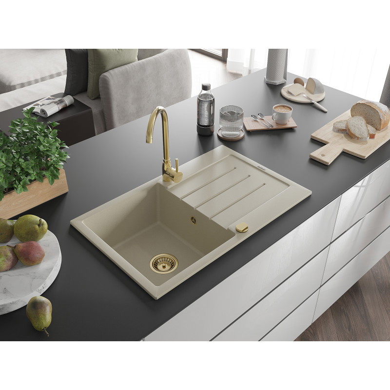 Mexen Bruno évier en granit 1 bac avec égouttoir et robinet de cuisine Telma, beige - 6513-69-670200-50
