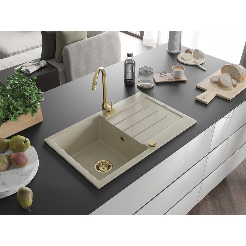 Mexen Bruno évier en granit avec une cuve et égouttoir et robinet de cuisine Telma, beige - 6513-69-670200-50