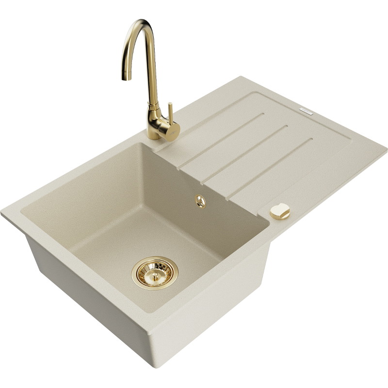 Mexen Bruno évier en granit avec une cuve et égouttoir et robinet de cuisine Telma, beige - 6513-69-670200-50