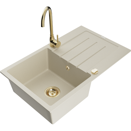 Mexen Bruno évier en granit 1 bac avec égouttoir et robinet de cuisine Telma, beige - 6513-69-670200-50