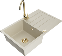 Mexen Bruno évier en granit 1 bac avec égouttoir et robinet de cuisine Telma, beige - 6513-69-670200-50