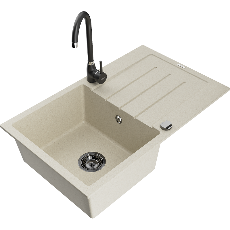 Mexen Bruno évier en granit 1 bac avec égouttoir et robinet de cuisine Telma, beige - 6513-69-670200-70