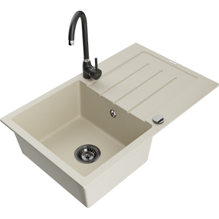 Mexen Bruno évier en granit 1 bac avec égouttoir et robinet de cuisine Telma, beige - 6513-69-670200-70