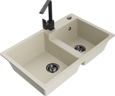 Mexen Tomas évier en granit à 2 bacs avec robinet de cuisine Rita, beige - 6516-69-670300-70
