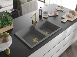 Mexen Tomas évier en granit 2 bacs avec mitigeur de cuisine Rita, gris - 6516-71-670300-50